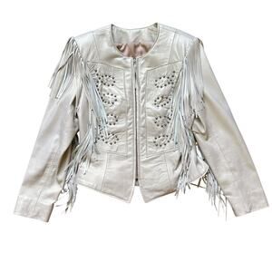 Patricia Wolf Pearlized Leather Fringe Jacket Beige Women’s 10 Made in Texas
